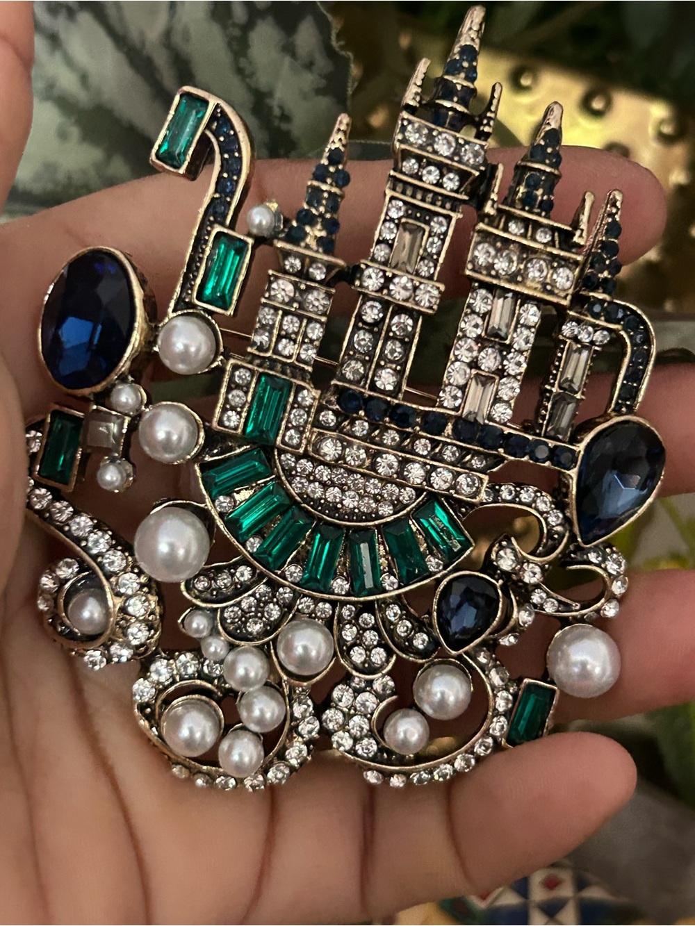 Blue & Emerald Crystal Pearl Brooch - Women Jewelry